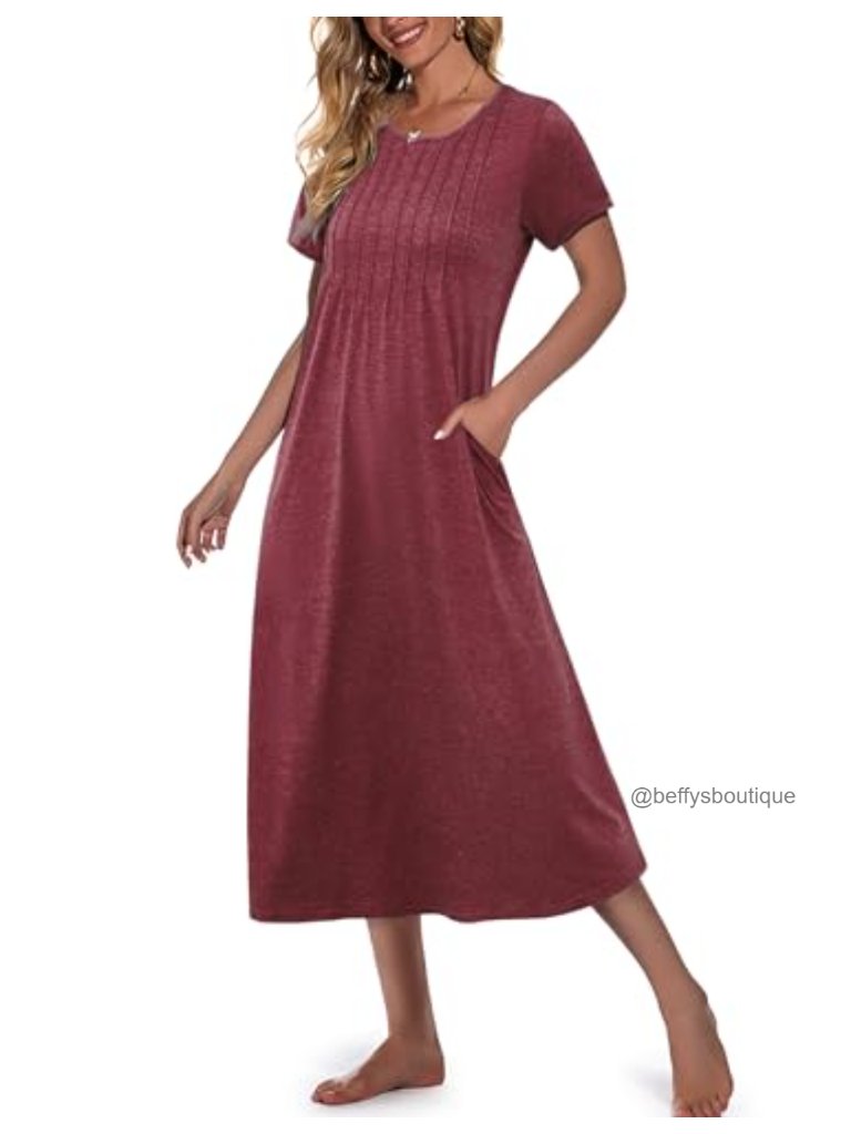 Cotton Nightgown Short Sleeve Sleepshirt Full Length With Pockets